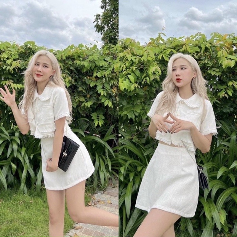 Về thêm màu mới Set áo croptop ngắn tay kèm với chân váy dạ hồng xanh đủ màu