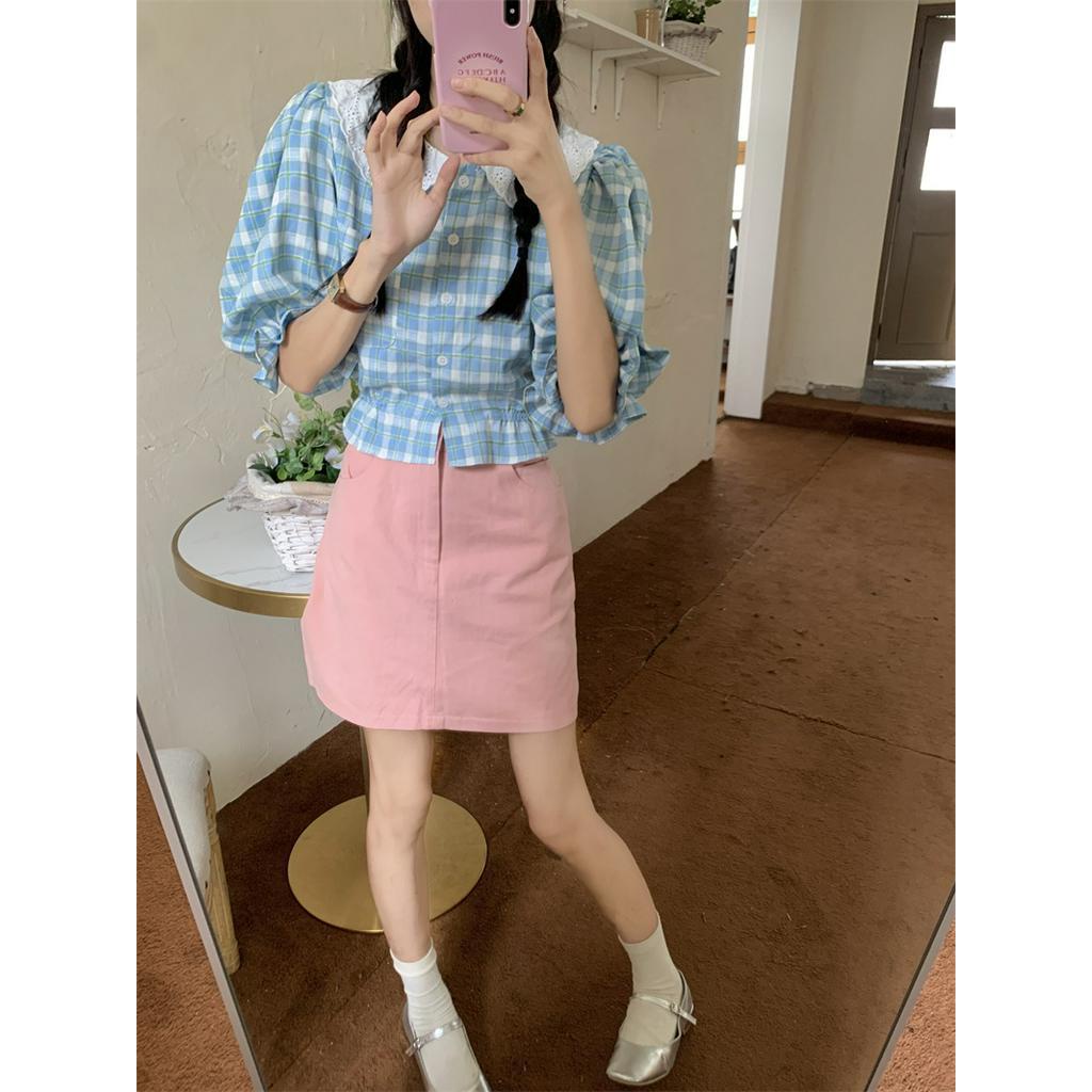 Áo Kiểu Tay Phồng Họa Tiết Sọc Caro Phong Cách Cổ Điển Thời Trang Mùa Hè Cho Nữ