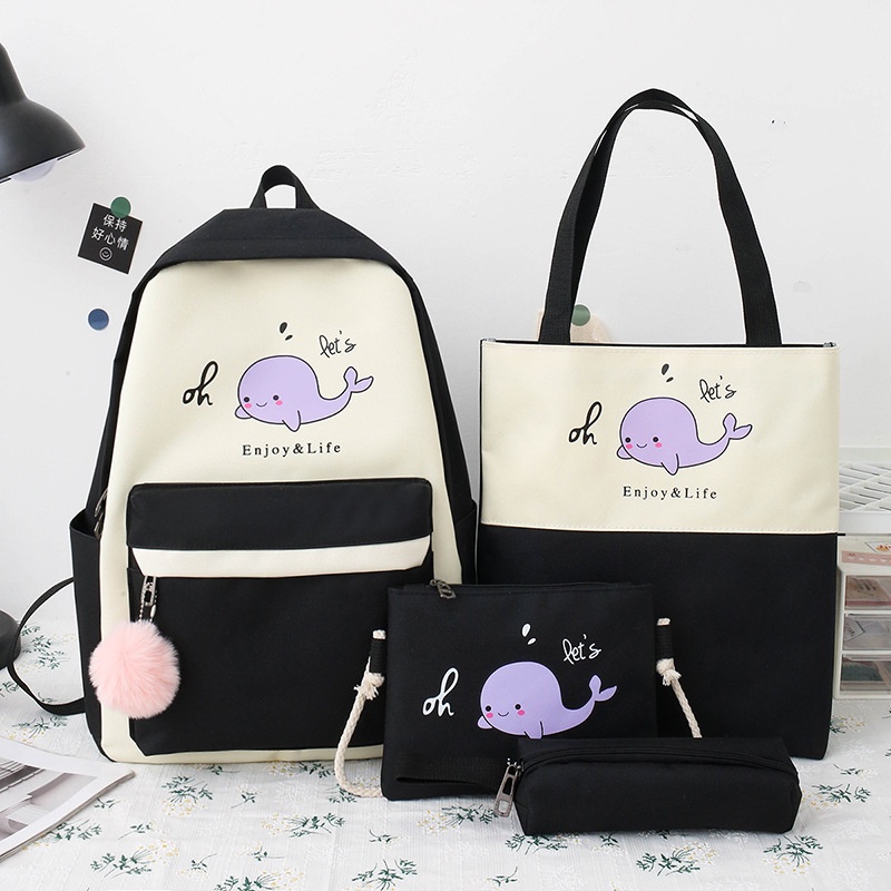 Balo 4 Món Ulzzang học sinh sinh viên laptop giá rẻ cấp 1 2 3 - Set balo 4 món cá voi