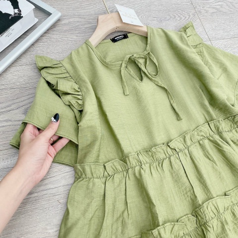 Váy babydoll xanh cổ V phối dây chạy bèo rúm tầng ulzzang tiểu thư  Chất đũi tơ xước QC mềm đẹp nữ