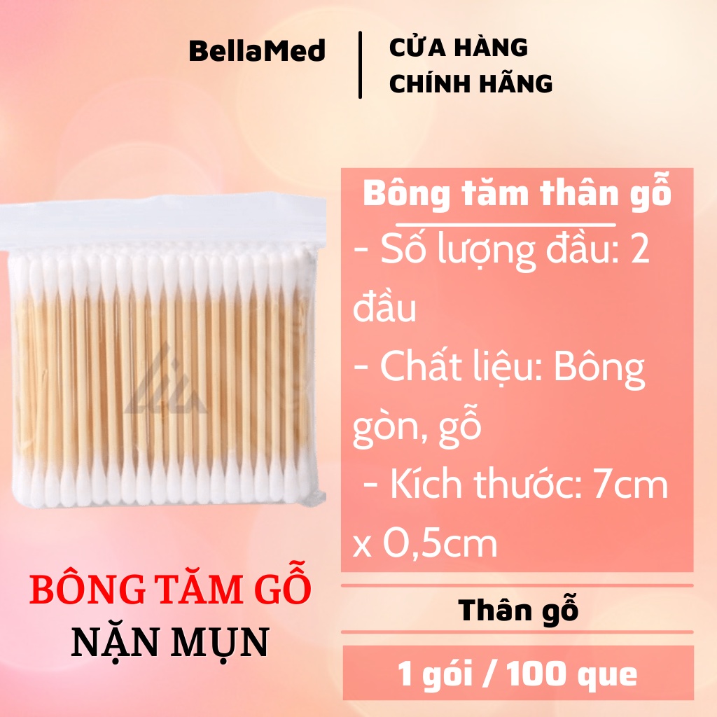 Tăm bông thân gỗ dùng nặn mụn, phun xăm bịch 100 que | BigBuy360 - bigbuy360.vn