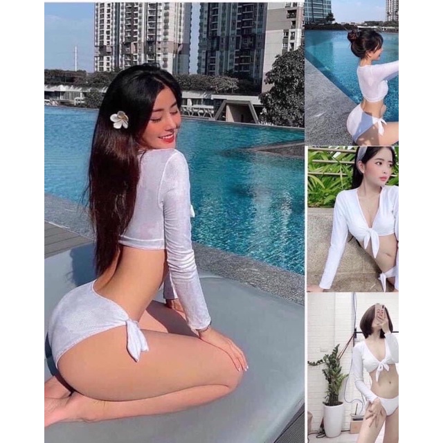 Bikini áo tắm 2 mảnh dài tay -ship buộc nơ trắng ninh dương lan ngọc (hàng cao cấp )