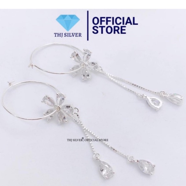 BÔNG TAI HOA ĐÁ RỦ CHUẨN BẠC TA- BÔNG TAI BẠC THJ