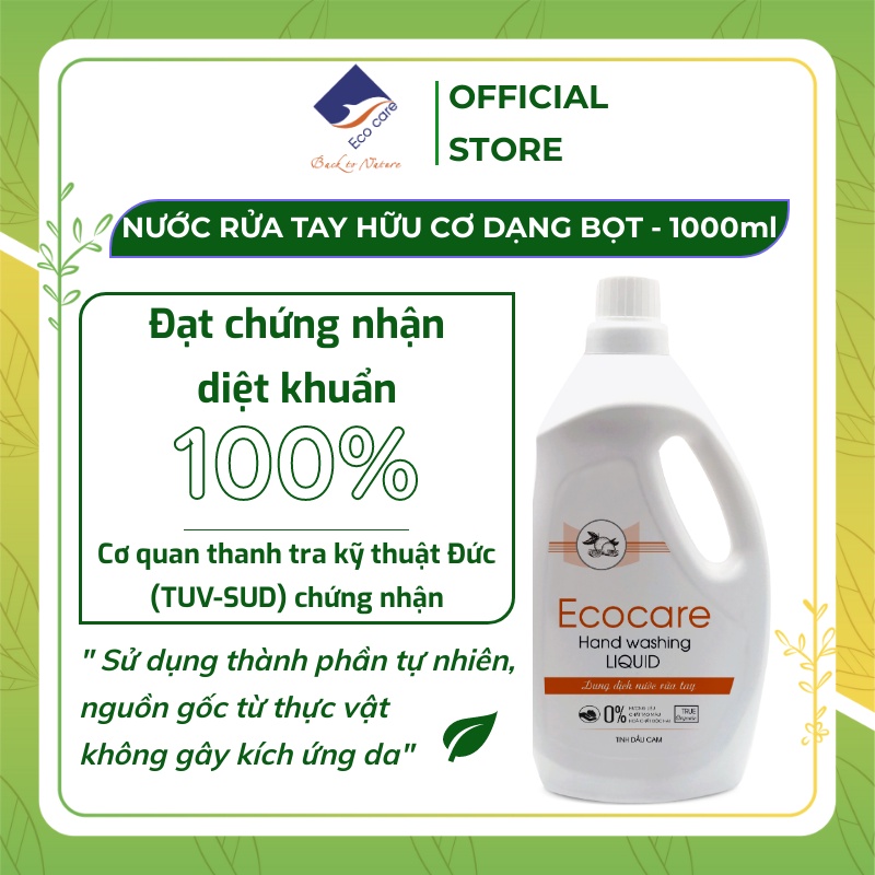 Nước rửa tay tạo bọt Hữu cơ 1000ml, Nước rửa tay diệt khuẩn tinh dầu tự nhiên Ecocare [Tặng vỏ tạo bọt]