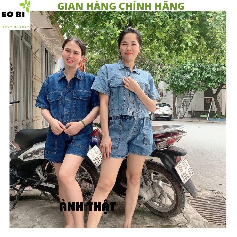 Sét áo bò croptop kèm quần short cạp chun- sơ mi jean ngắn tay lỡ 2 màu xanh đậm nhạt phong cách ulzzang hàn quốc -EOBI