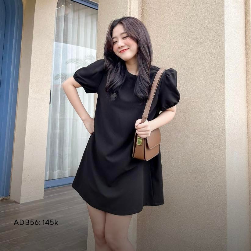 Đầm dáng suông rộng thắt dây nơ lưng tay phồng cổ tròn CHIBEST ADB56