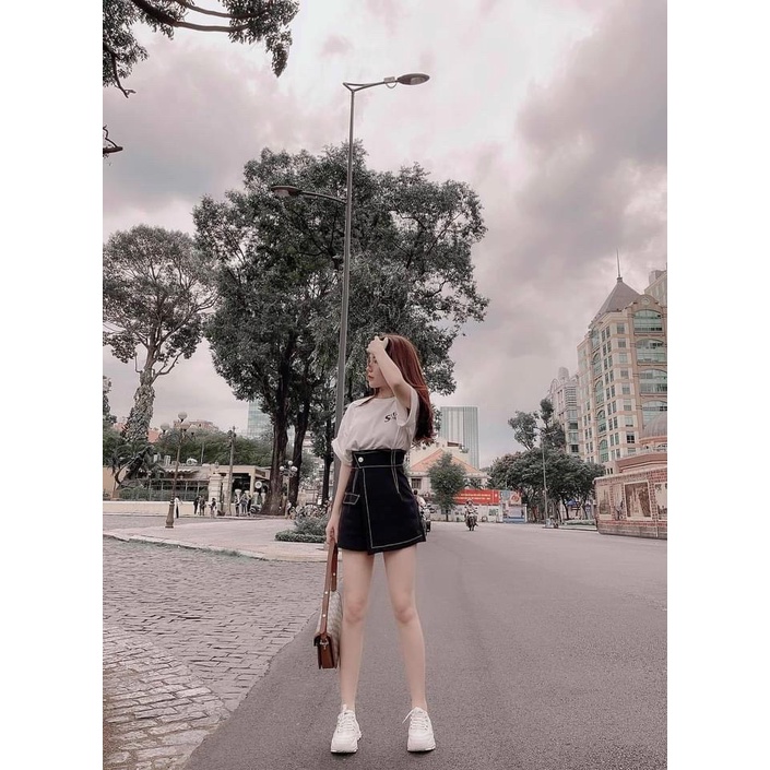 Quần váy lưng cao viền chỉ nổi đắp tà nắp túi ly