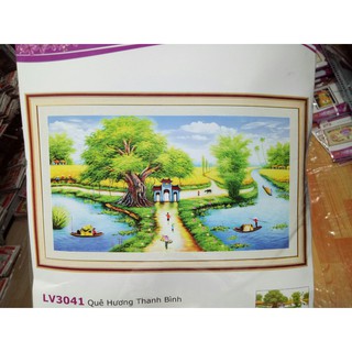 tranh thêu chữ thập phong cảnh làng quê sông nước cánh đồng lúa kt 96x57cm