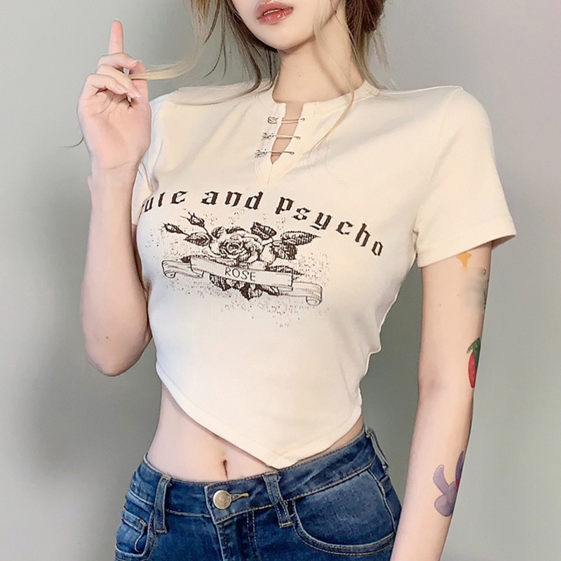 Áo Thun Lửng Ngắn Tay Cổ Chữ V In Họa Tiết Hoa Hồng Và Chữ Thời Trang Dành Cho Nữ