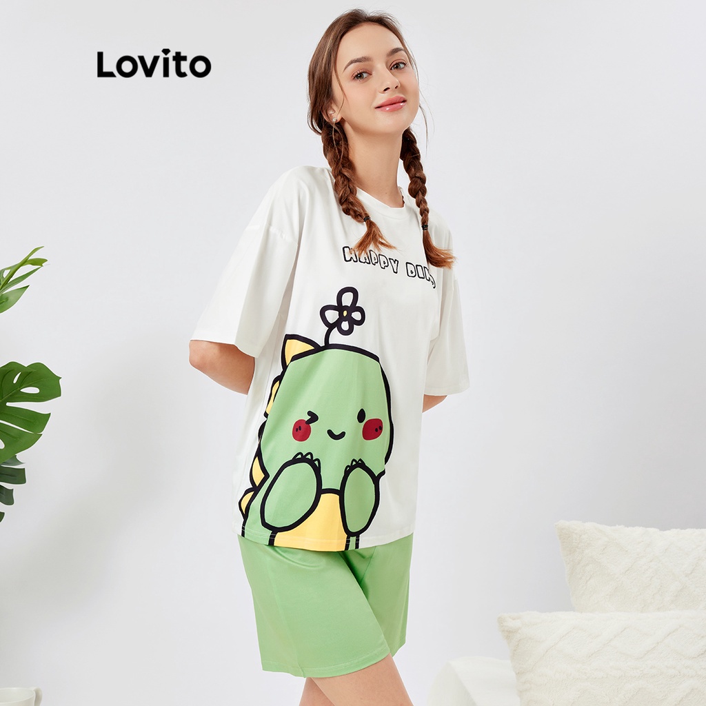 Set đồ pajamas Lovito họa tiết hoạt hình thoáng khí L26AD078 (màu xanh lá nhạt)
