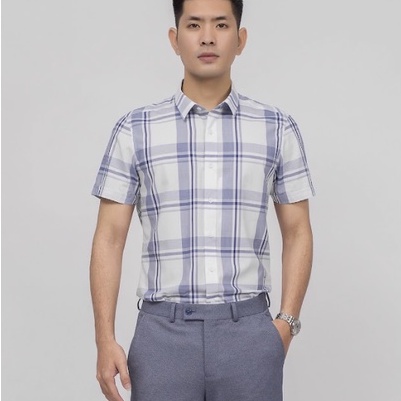 Áo sơ mi nam công sở Aristino tay ngắn màu trắng caro xanh dáng Slim fit chất sợi sồi cao cấp ASS022S9