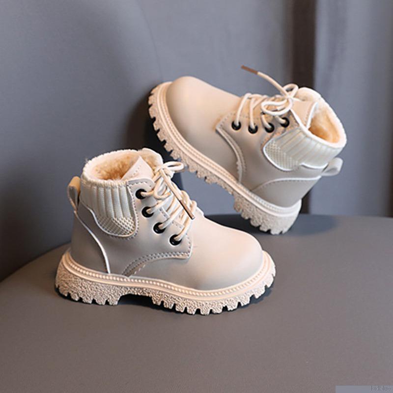 Giày bốt martin cổ thấp đế mềm bằng cotton phối nhung màu trơn có khóa kéo thời trang cho bé