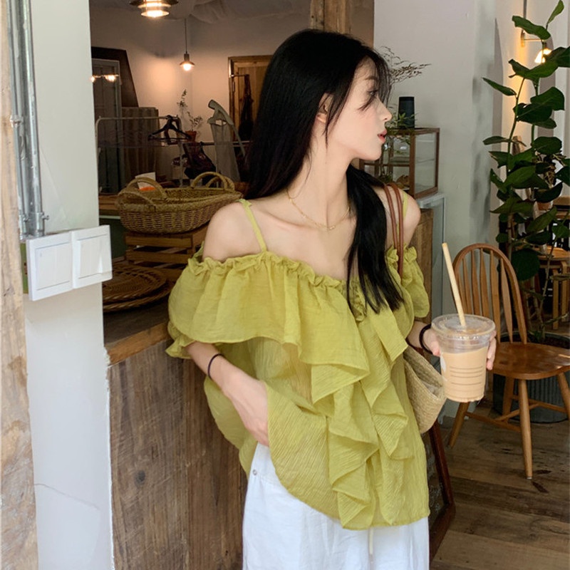 Áo Kiểu Trễ Vai Tay Ngắn Phối Bèo Thời Trang Mùa Hè Xinh Xắn Cho Nữ