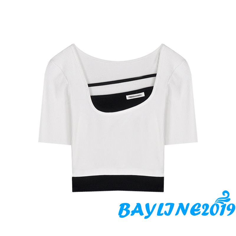 Áo Thun Lửng Tay Ngắn Cổ Chữ U Màu Trắng / Đen Cho Nữ