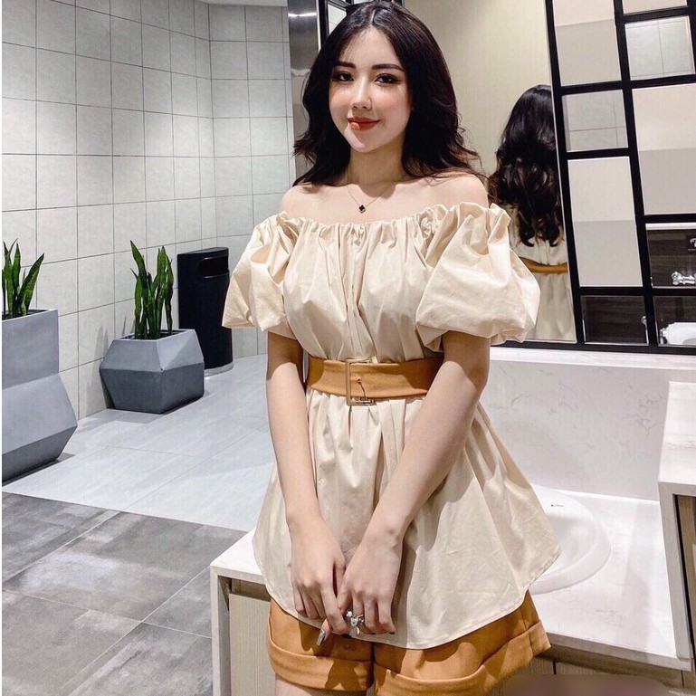 Sét áo trễ vai dáng dài kèm quần short lật lai kiểu dáng thời trang mặc được 2 kiểu M072 (Tặng kèm đai thắt lưng cao cấp