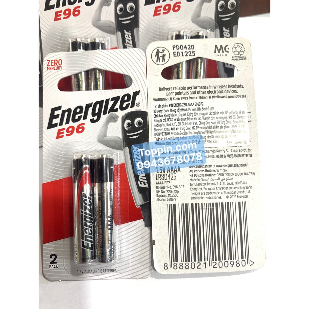 Pin AAAA  E96 1.5V Energizer Alkaline Vỉ 2 Viên