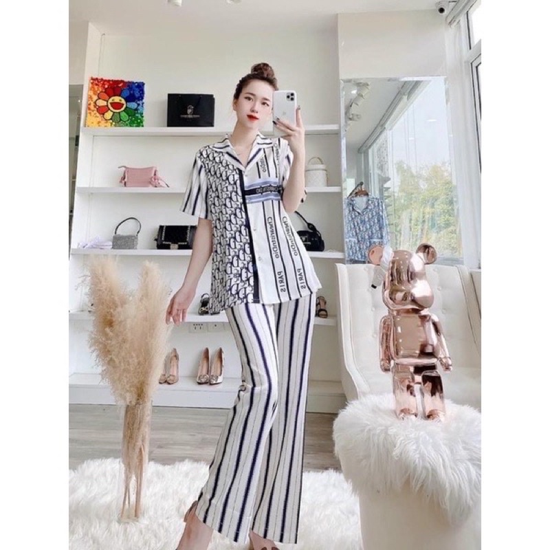 bộ pijama lụa satin cao cấp quảng châu tay ngắn quần sọc