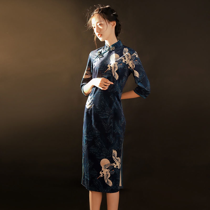 Improved cheongsam dress improved cheongsam cheongsam large size improved cheongsam dress 2022 new modified cheongsam Republic of China retro high-end elegant slimming spring and autumn summer mid-length dress for mothers zAcN