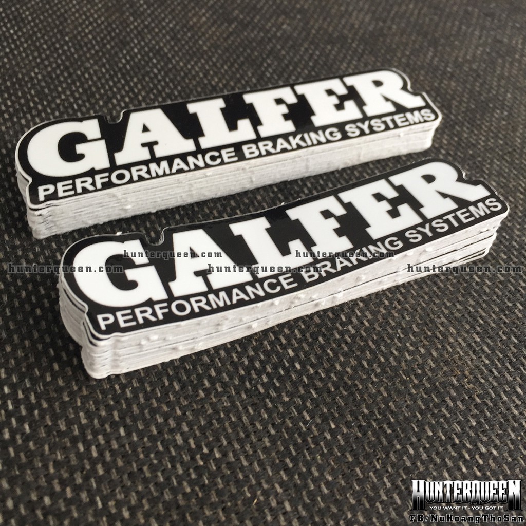 Logo GALFER[11.3x2.8cm] nền đen chữ trắng. Hình dán decal siêu dính, chống nước, tem đua trang trí