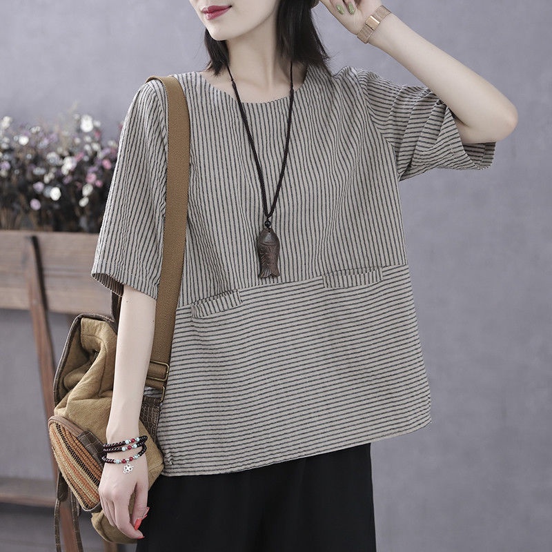 Áo thun cotton mỏng tay ngắn dáng rộng họa tiết kẻ sọc dọc phong cách retro thời trang mùa hè cho nữ