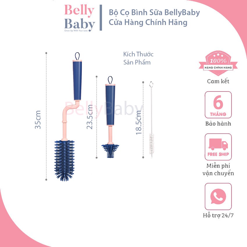 Bộ Cọ Rửa Bình Sữa Silicone BellyBaby Cao Cấp Tay Cầm Xoay 360 độ - Bộ 3in1 - Tặng Kèm 1 Cọ Ống Hút Nước - BellyBaby