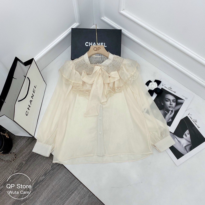 ÁO SƠ MI TƠ VAI CHUN VIỀN BÈO THẮT NƠ | BigBuy360 - bigbuy360.vn