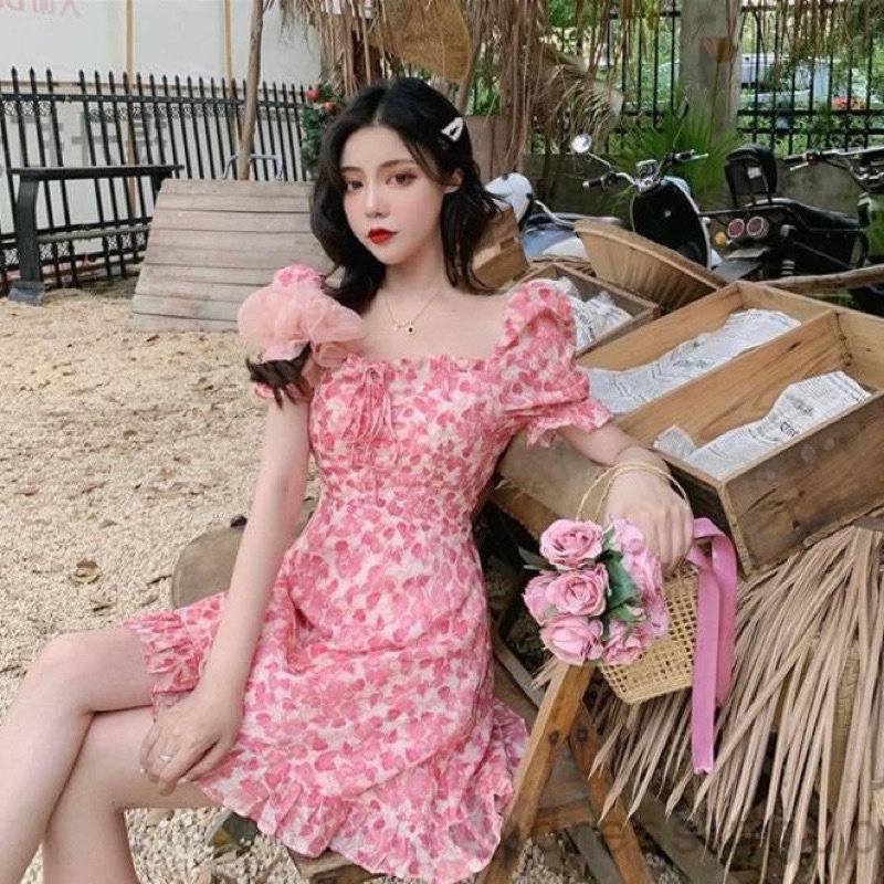Đầm kiểu ngắn nữ xoè voan hoa nhí bèo tiểu thư hồng - Order taobao quảng châu