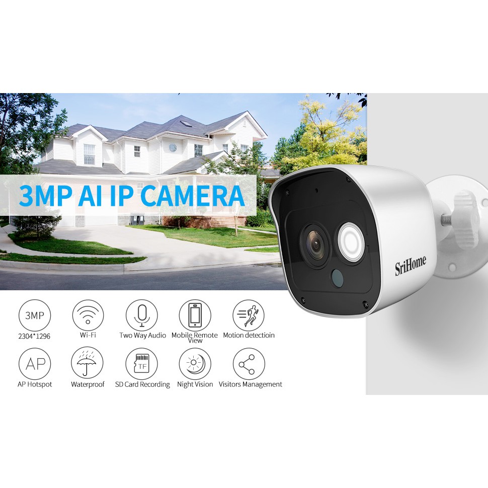 Camera wifi ngoài trời chống nước 3.0Mpx Srihome SH029 1296p- Hình ảnh Full HD siêu nét, wifi siêu khỏe