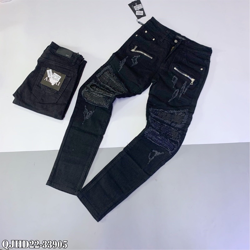 Quần Bò Balmain Nam Rách Da Nhăn Khoá Zip