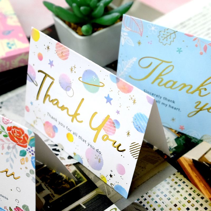 Thiệp giấy chủ đề Cảm ơn Thank you Card Cao Cấp Nhập Từ Đài Loan TK1530 Chữ Nhũ Vàng Họa tiết Cute 10.5x7.2cm