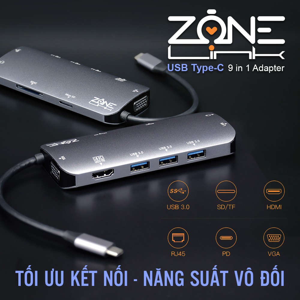 Cổng chuyển đổi USB TYpe C ZONELINK Z9IN1 (Type C to HDMI, USB, HDMI, SD, LAN)