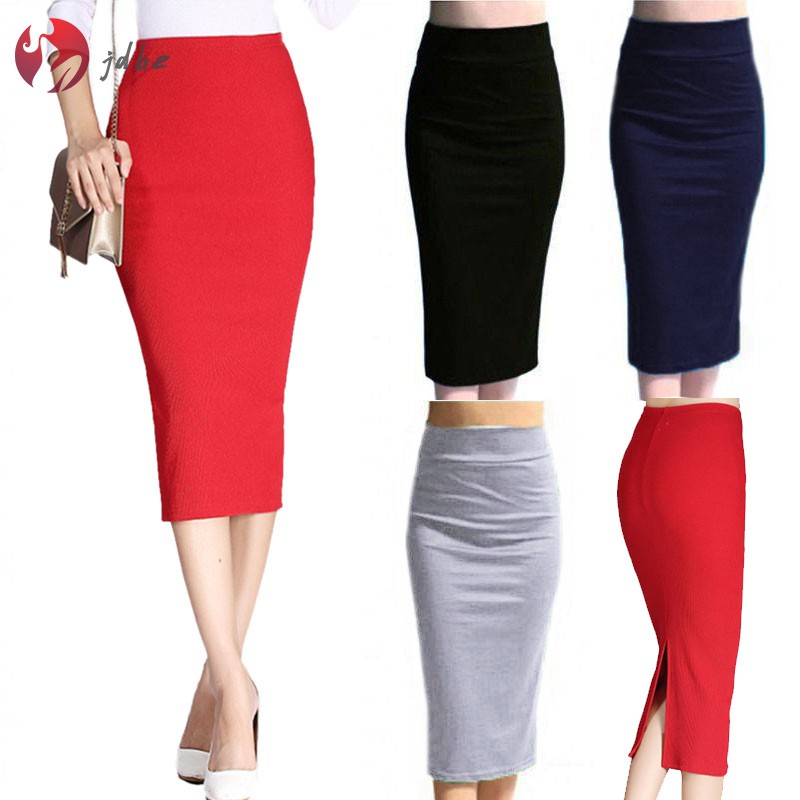 [Mã FASHIONT4WA2 giảm 10K đơn 50K] Váy bút chì co giãn eo cao 1 màu dáng xẻ bằng cotton cho nữ