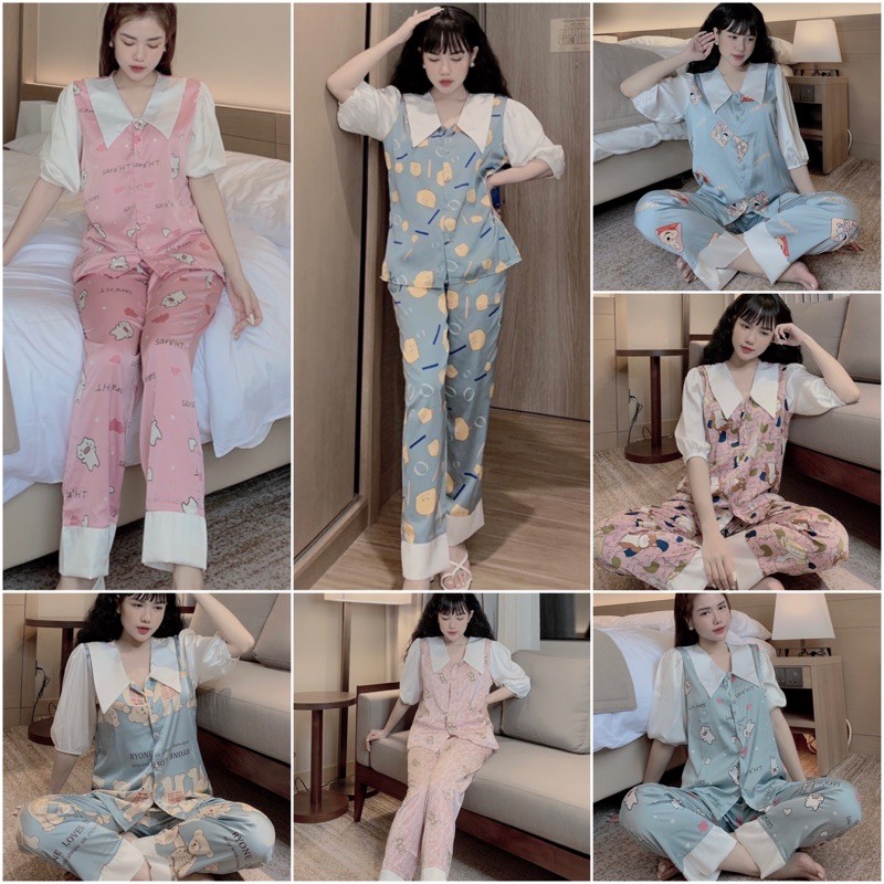 Đồ Bộ Pijama Lụa Tiểu Thư Latin Cao Cấp🌸Tay Lỡ Cổ Nhọn | BigBuy360 - bigbuy360.vn