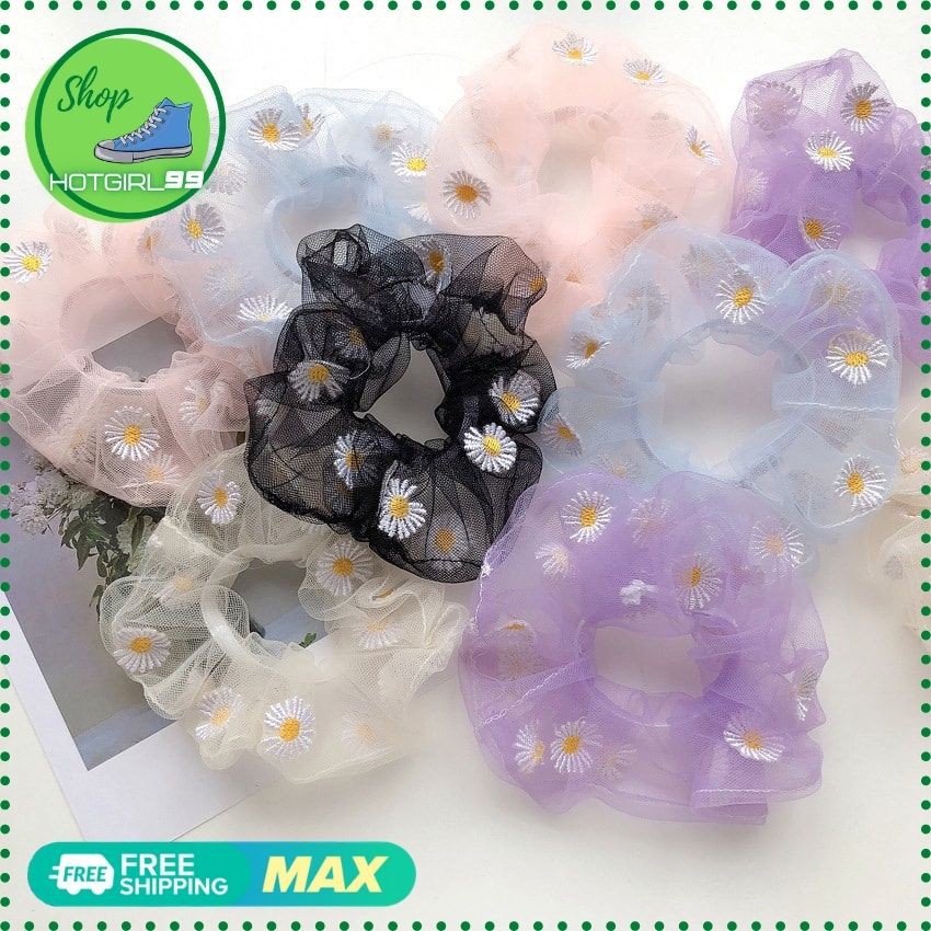 Dây buộc tóc,cột tóc scunchies vải lưới, cột toc họa tiết hoa cúc, buộc toc thanh lịch siêu hot / hotgirl99