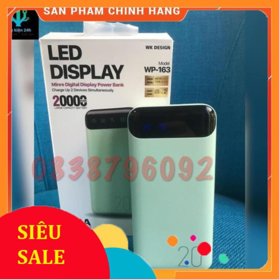 Sạc Dự Phòng 20000mAh, Đèn Led Hiển Thị Pin, 2 Cổng Sạc USB, Chính Hãng  WK-16