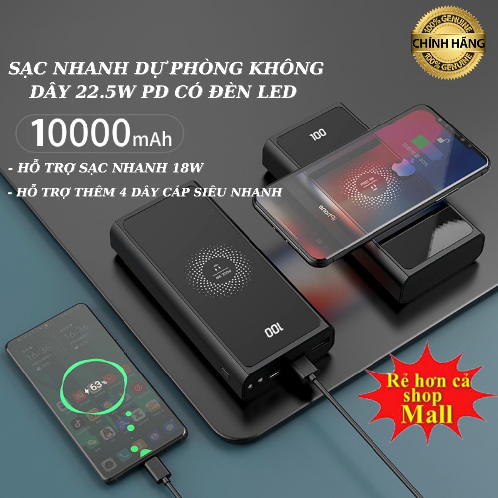 Sạc nhanh dự phòng không dây 10000mah nhỏ gọn SẠC NHANH 22.5W PD có đèn LED cho iPhone 12 Samsung Xiaomi Huawei, v.v.
