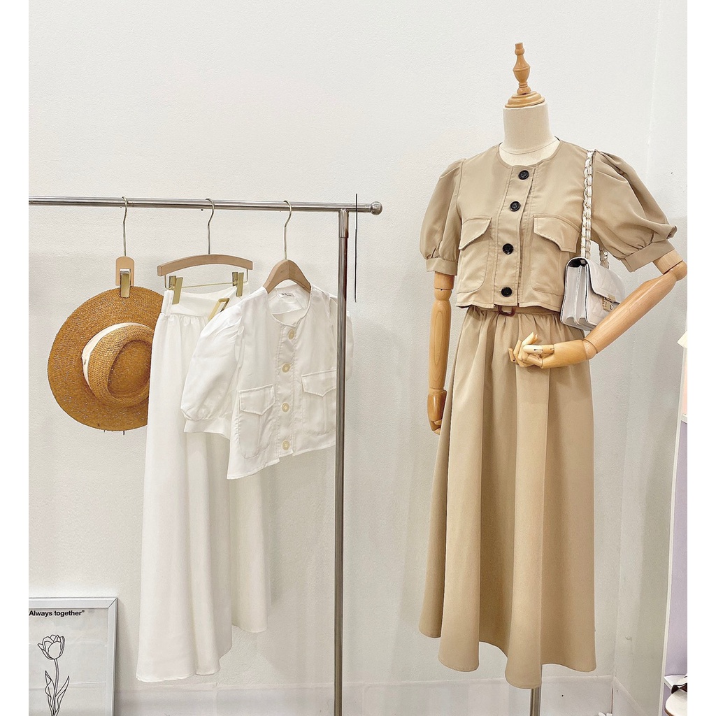 SÉT ÁO KÈM CHÂN VÁY CẠP CHUN 2 MÀU TRẮNG BE