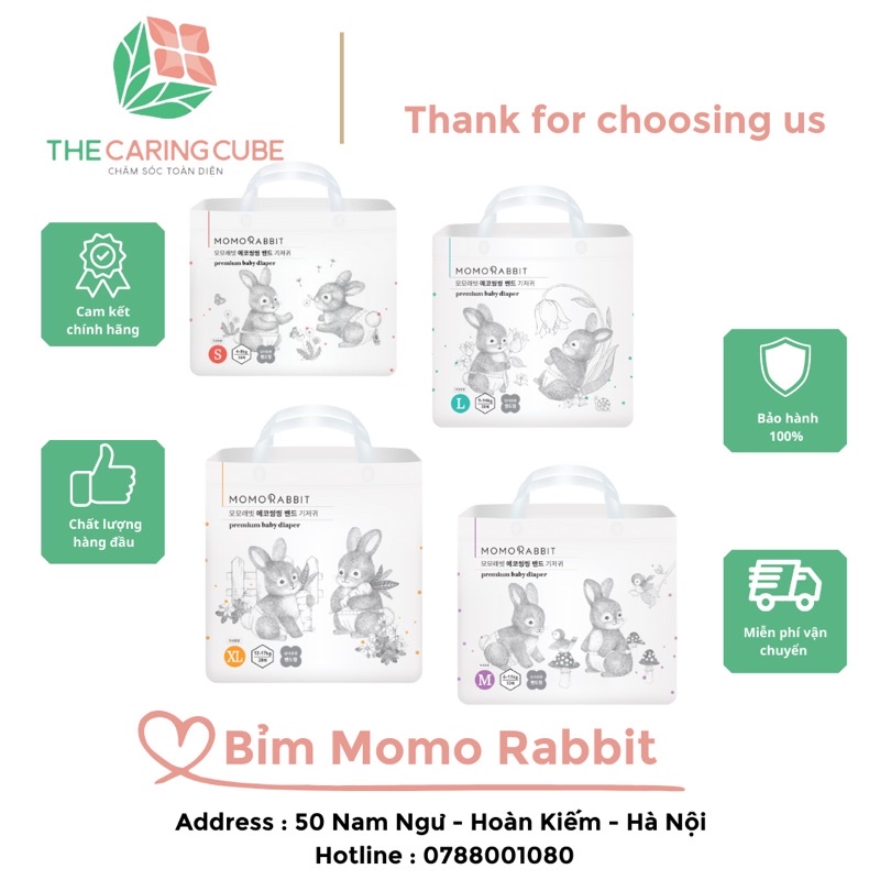 Bỉm dán/ tã dán/ quần sơ sinh Momo Rabbit nội địa Hàn size S36, M32, L28, XL22, XXL18 - The Caring Cube