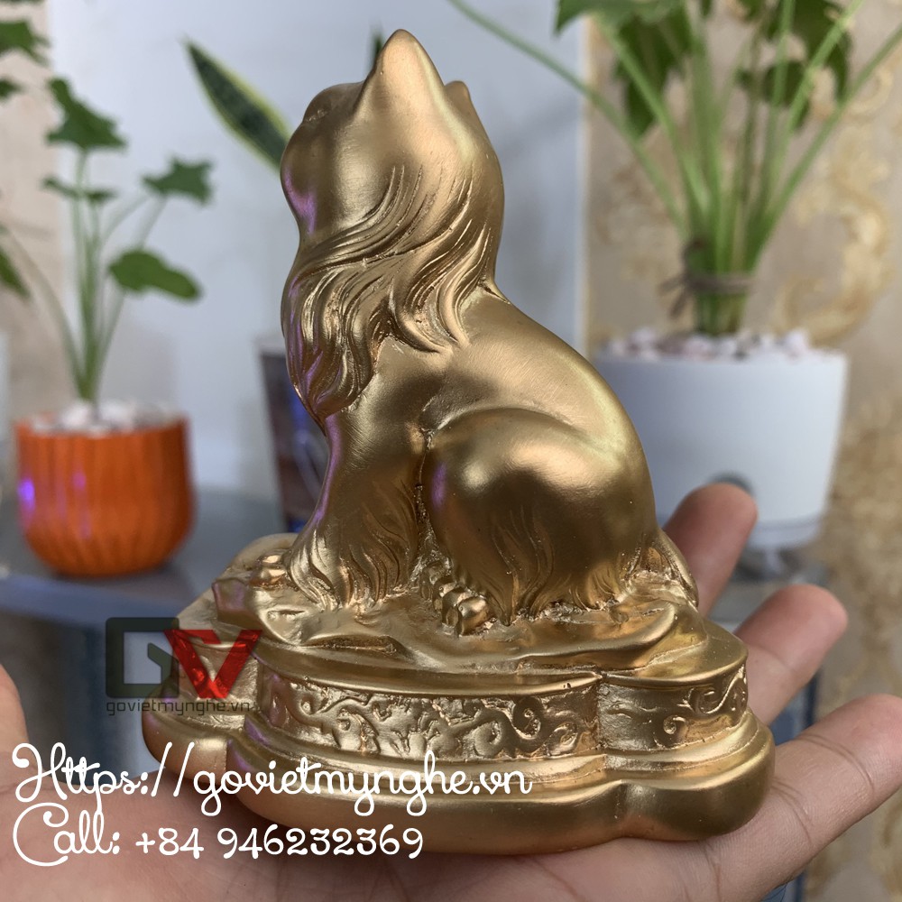 Tượng đá con Mèo cát tường trang trí phong thủy bàn làm việc - Cao 10cm - Màu nhũ đồng