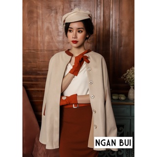 Set áo khoác choàng và chân váy vintage, thiết kế cao cấp, hai lớp. màu be và nâu