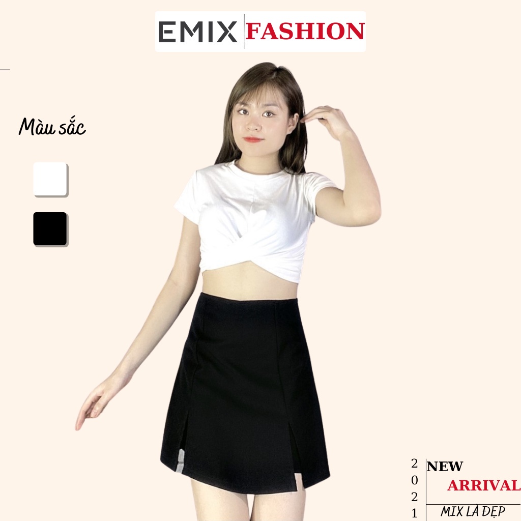Set công sở 2 sản phẩm : mix áo croptop xoắn eo và quần giả váy xẻ bên EMIX, vải tuyết mưa, thun, cộc tay, xẻ, mềm mịn -