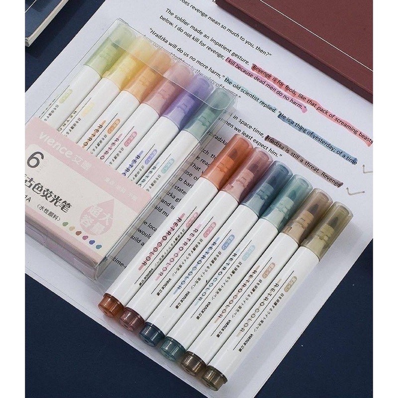 |05 mẫu mới| Bộ 06 bút dạ quang Vience highlight siêu hot 2 tông Retro morandi xinh xắn bút đánh dấu ghi nhớ