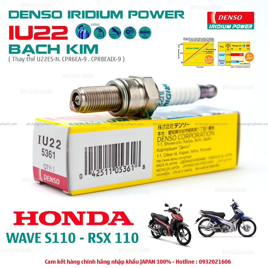 Bugi bạch kim xe Wave S110 , RSX 110 - Denso Iridium Power IU22