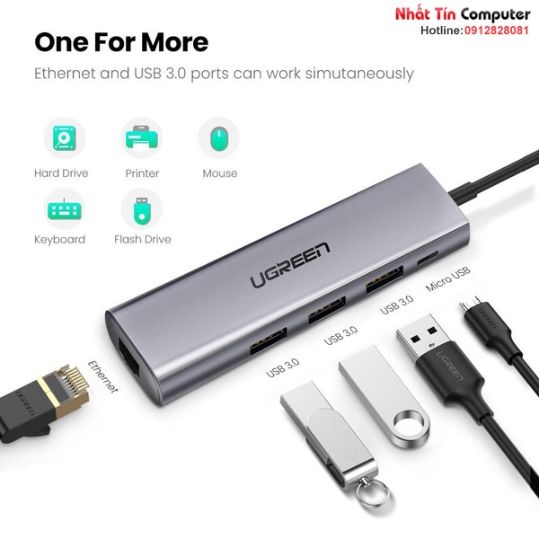 Bộ chia USB 3.0 ra 3 cổng USB 3.0 + Lan Gigabit 1000Mbps Ugreen 60812 cao cấp