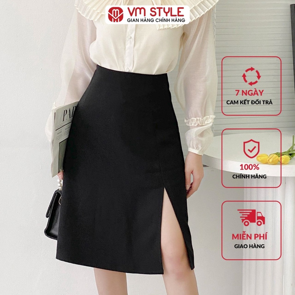 Chân váy dài VMSTYLE xẻ tà trơn 07162 chữ a công sở midi qua gối cạp lưng cao màu đen CVD00005