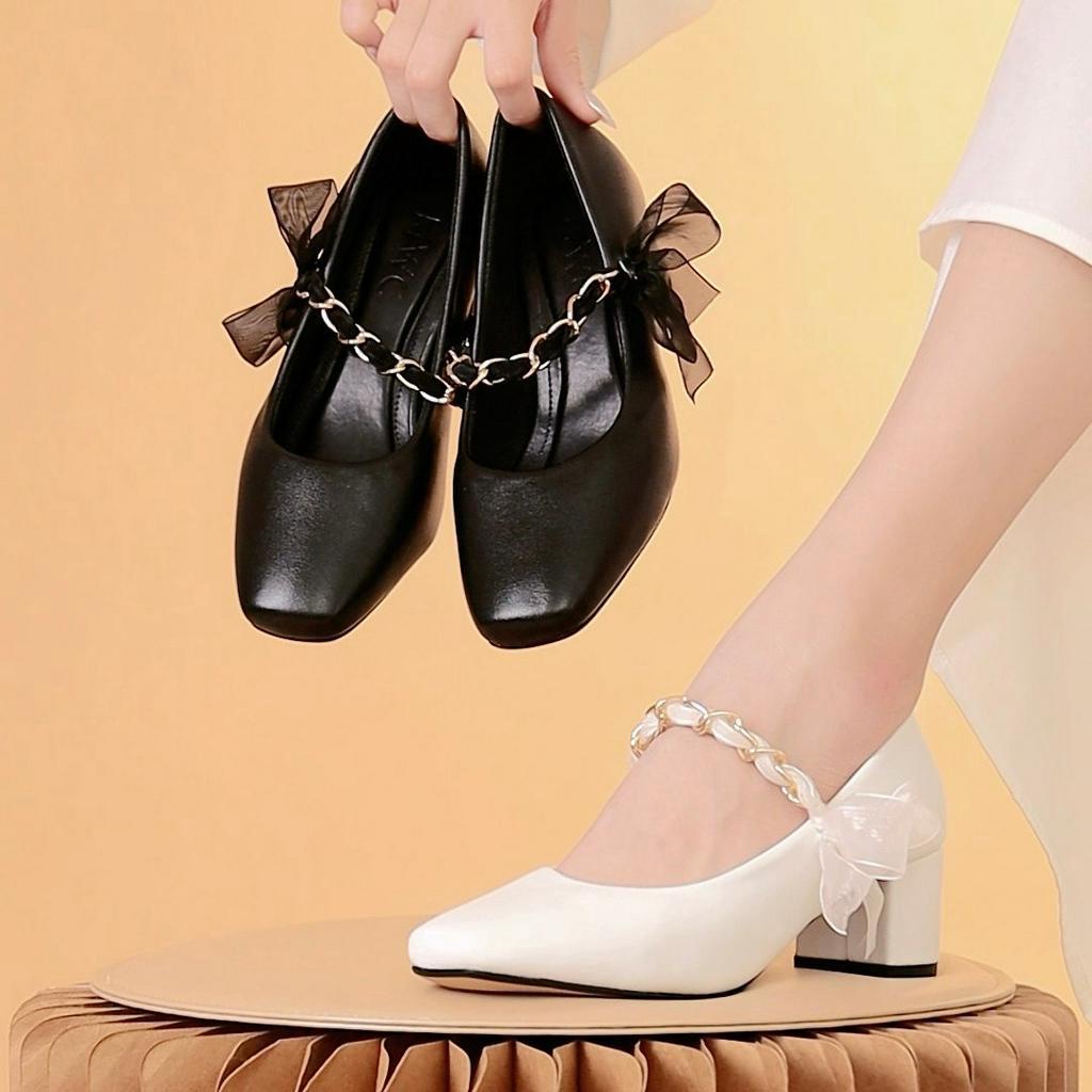 Giày cao gót MWC 4392 - Cao Gót Đế Vuông 5P Phối Xích Đính Nơ Tiểu Thư Xinh Xắn