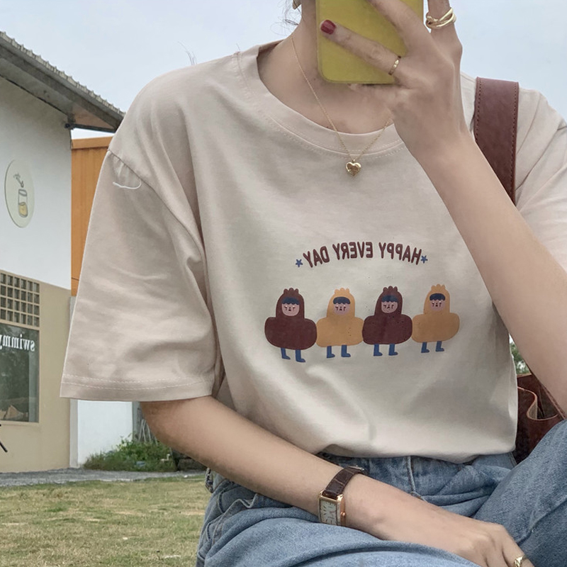 Áo Thun Nữ Tay Ngắn Dáng Rộng In Họa Tiết Hoạt Hình Dễ Thương