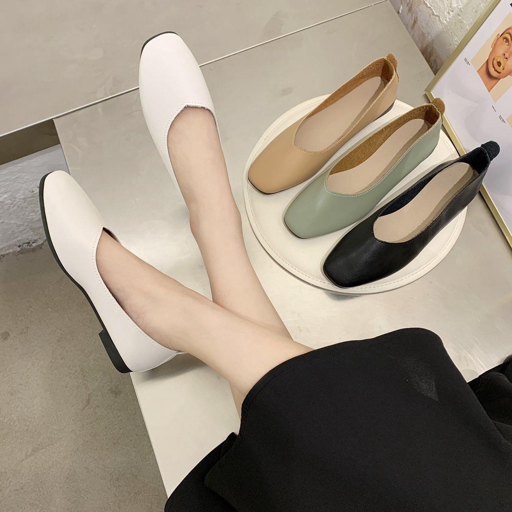 Giày búp bê nữ mũi vuông trơn kiểu BASIC Hàn Quốc cực xinh mang êm chân