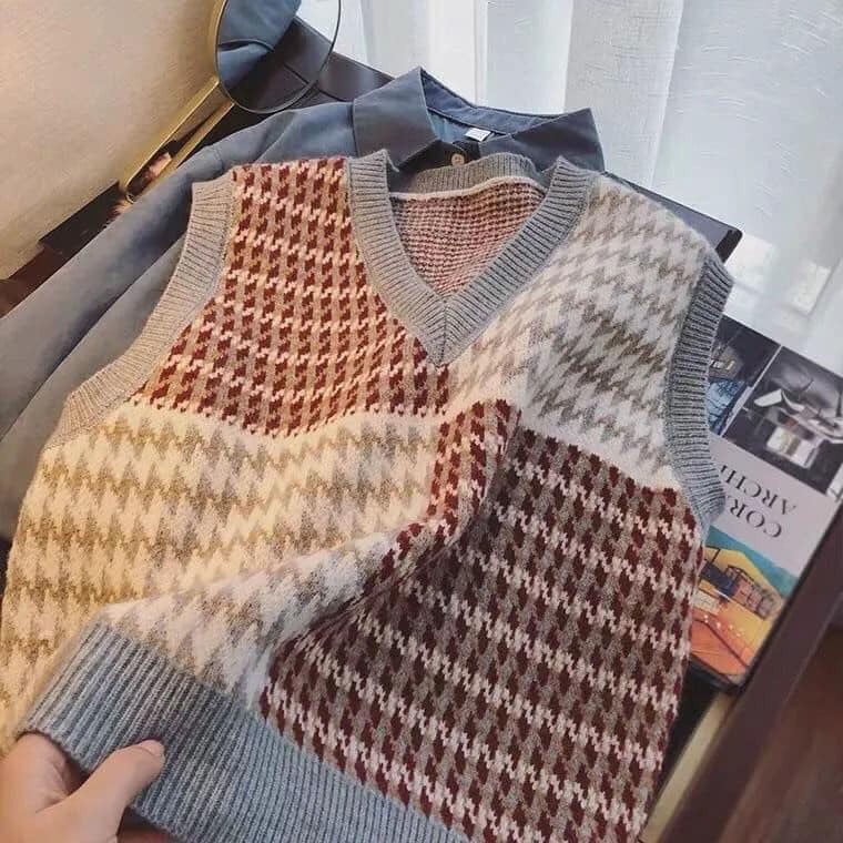 Áo gile len cổ tim kẻ phối màu chất len quảng châu siêu đẹp
