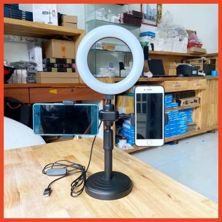 Đèn Livestream Để Bàn 3 Chế Độ Sáng - Kẹp 2 Điện Thoại Có Đèn Hỗ Trợ, Quay Tiktok, Make Up